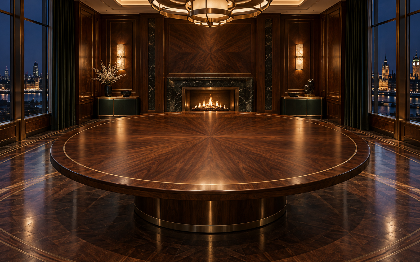 A private wood-panelled room with an illuminated round table