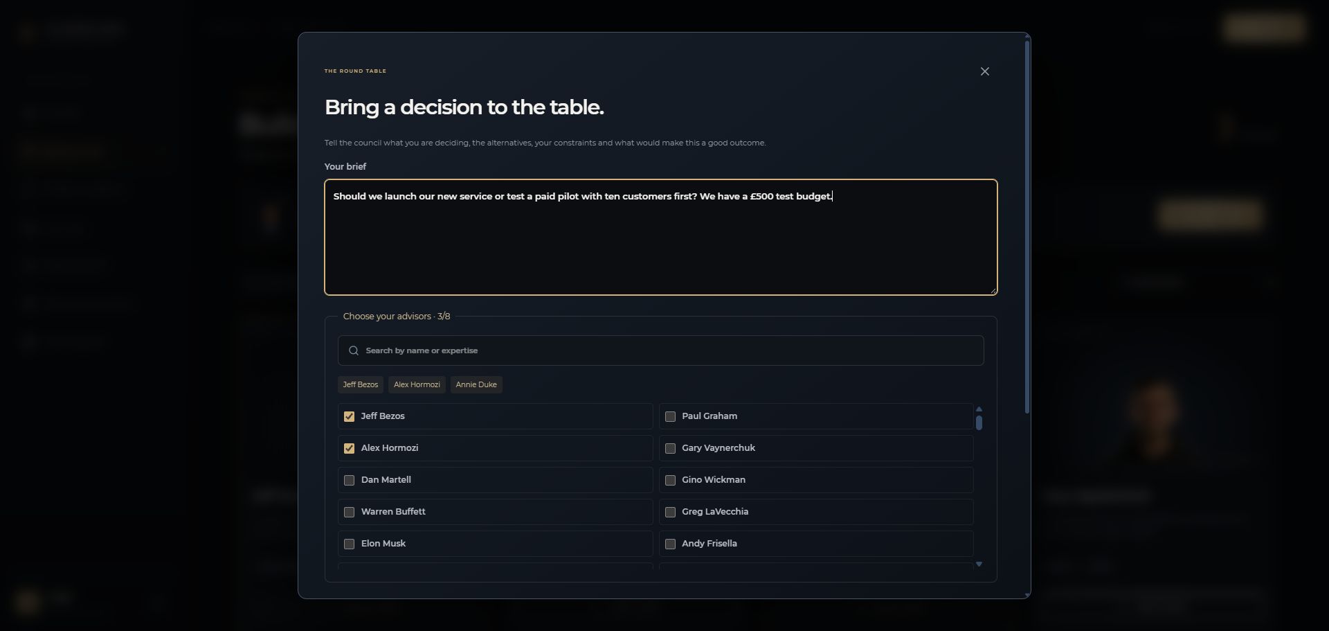 A fictional brief showing advisor and depth choices